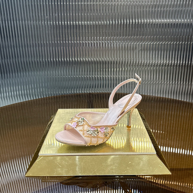 RENE CAOVILLA 26S HIGH-HEEL SANDALS 75 MM IN BEIGE LAMBSKIN FLOWER-EMBELLISHED