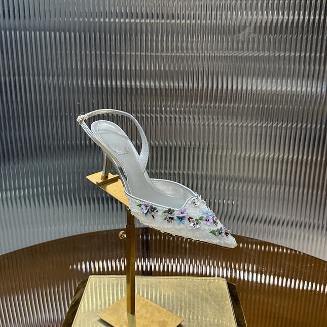 RENE CAOVILLA 26S HIGH-HEEL SLINGBACKS 75 MM IN WHITE MESH AND SILVER LAMBSKIN FLOWER-EMBELLISHED