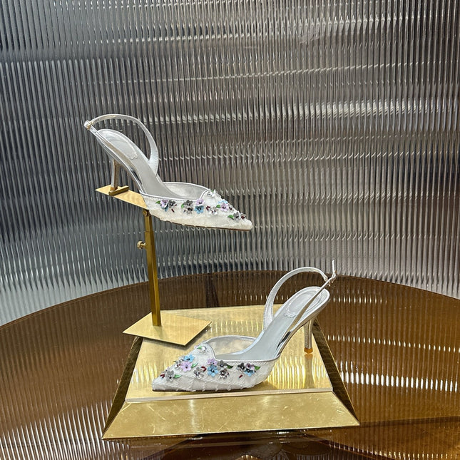 RENE CAOVILLA 26S HIGH-HEEL SLINGBACKS 75 MM IN WHITE MESH AND SILVER LAMBSKIN FLOWER-EMBELLISHED