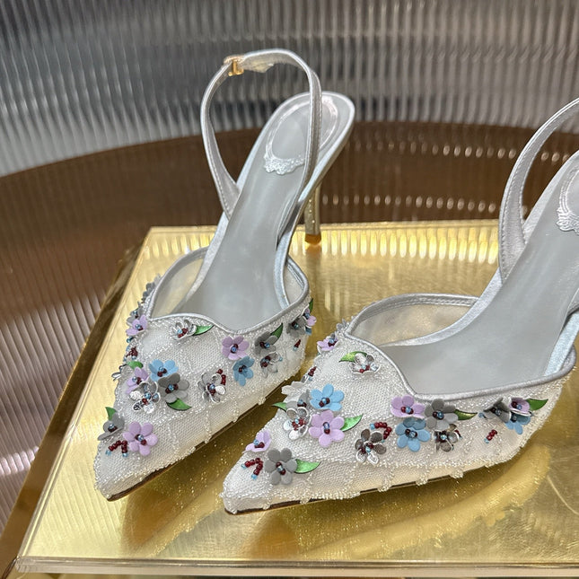 RENE CAOVILLA 26S HIGH-HEEL SLINGBACKS 75 MM IN WHITE MESH AND SILVER LAMBSKIN FLOWER-EMBELLISHED