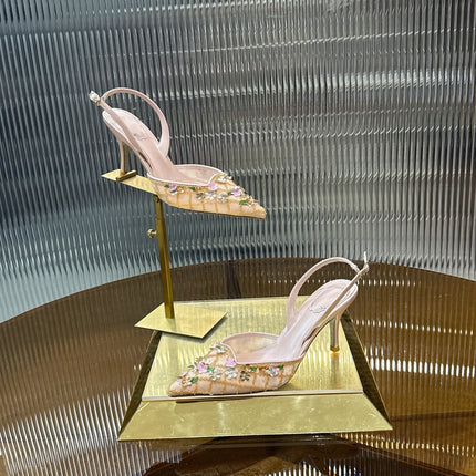 RENE CAOVILLA 26S HIGH-HEEL SLINGBACKS 75 MM IN BEIGE LAMBSKIN FLOWER-EMBELLISHED