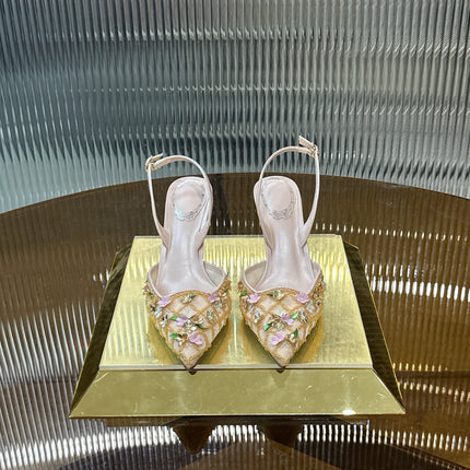 RENE CAOVILLA 26S HIGH-HEEL SLINGBACKS 75 MM IN BEIGE LAMBSKIN FLOWER-EMBELLISHED