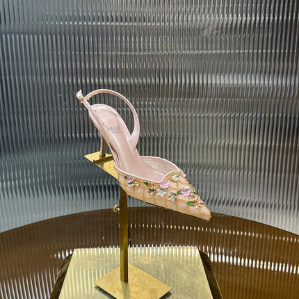RENE CAOVILLA 26S HIGH-HEEL SLINGBACKS 75 MM IN BEIGE LAMBSKIN FLOWER-EMBELLISHED