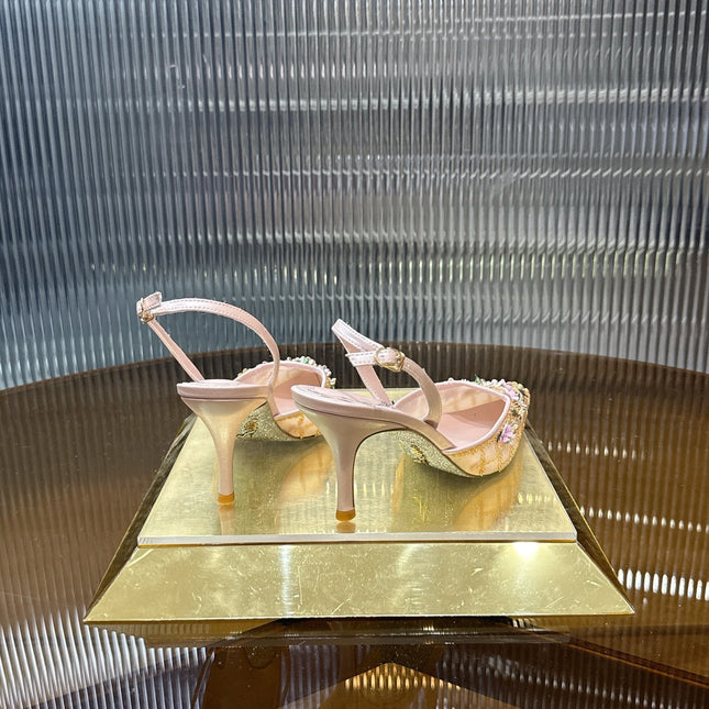 RENE CAOVILLA 26S HIGH-HEEL SLINGBACKS 75 MM IN BEIGE LAMBSKIN FLOWER-EMBELLISHED