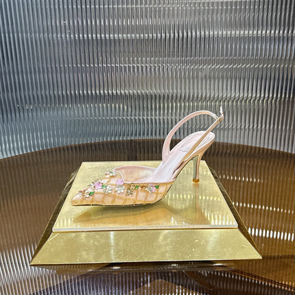 RENE CAOVILLA 26S HIGH-HEEL SLINGBACKS 75 MM IN BEIGE LAMBSKIN FLOWER-EMBELLISHED