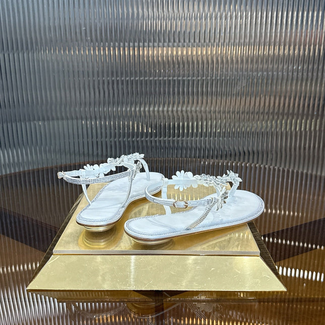 RENE CAOVILLA 26S EMBELLISHED THONG SANDALS IN WHITE LAMBSKIN STYLE 1