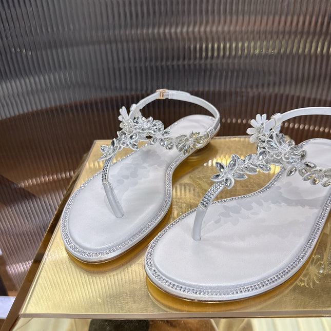 RENE CAOVILLA 26S EMBELLISHED THONG SANDALS IN WHITE LAMBSKIN STYLE 1
