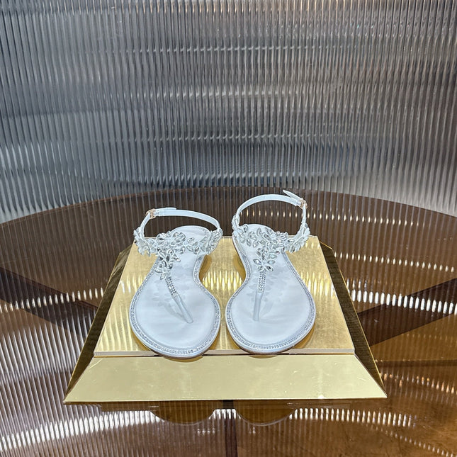 RENE CAOVILLA 26S EMBELLISHED THONG SANDALS IN WHITE LAMBSKIN STYLE 1