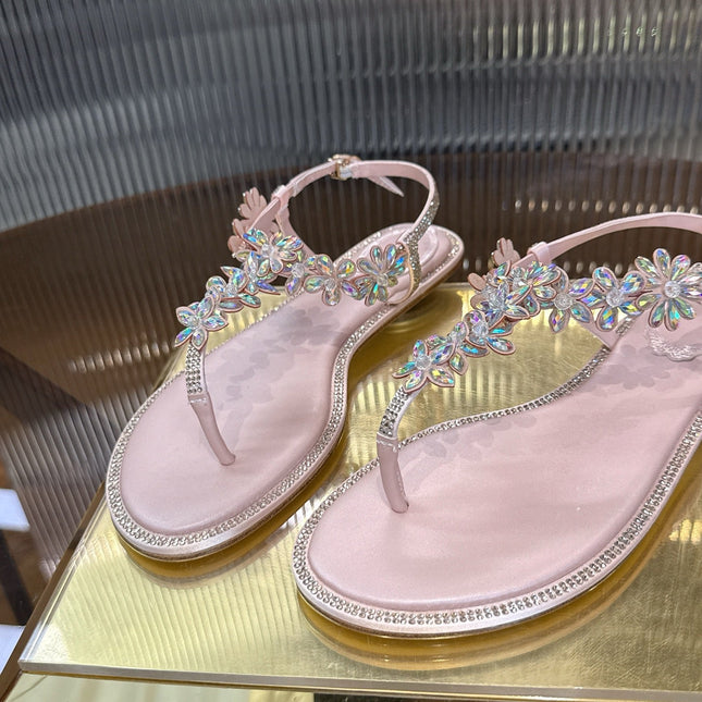 RENE CAOVILLA 26S EMBELLISHED THONG SANDALS IN LIGHT PINK LAMBSKIN
