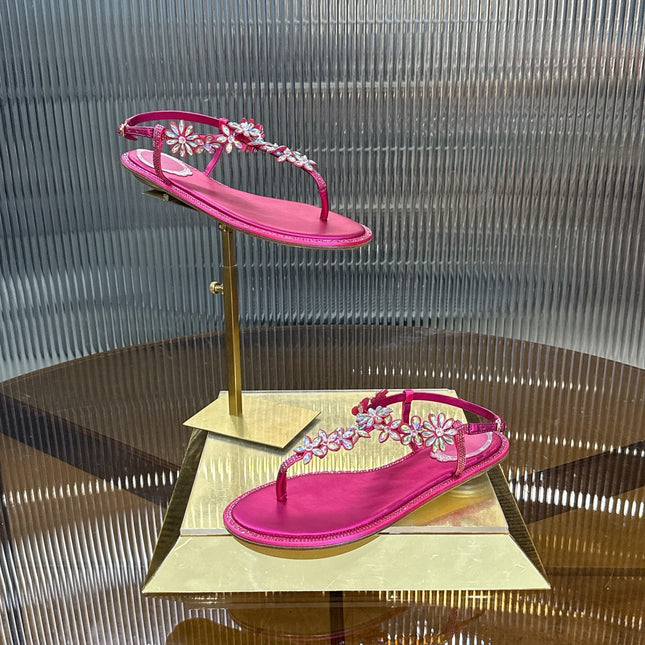 RENE CAOVILLA 26S EMBELLISHED THONG SANDALS IN DARK PINK LAMBSKIN