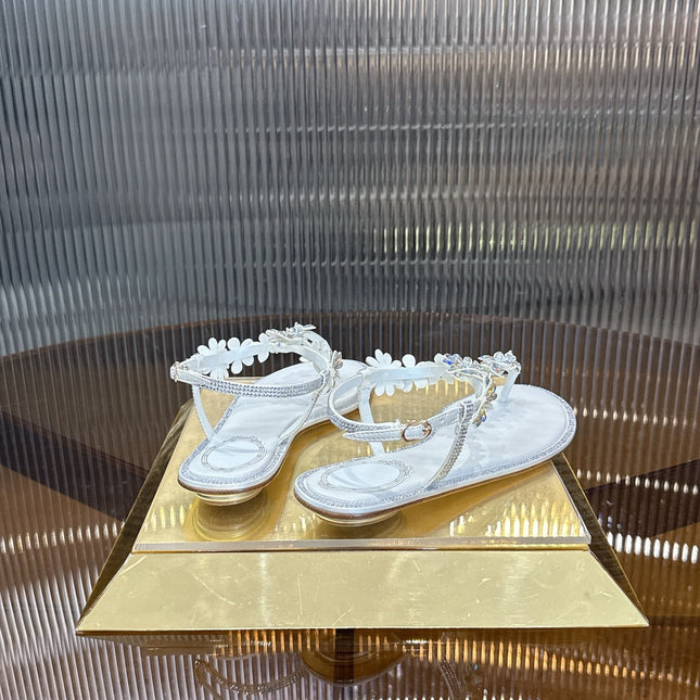 RENE CAOVILLA 26S EMBELLISHED THONG SANDALS IN WHITE LAMBSKIN
