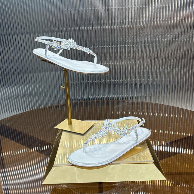 RENE CAOVILLA 26S EMBELLISHED THONG SANDALS IN WHITE LAMBSKIN