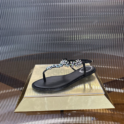 RENE CAOVILLA 26S EMBELLISHED THONG SANDALS IN BLACK LAMBSKIN