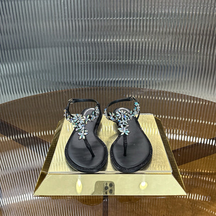 RENE CAOVILLA 26S EMBELLISHED THONG SANDALS IN BLACK LAMBSKIN