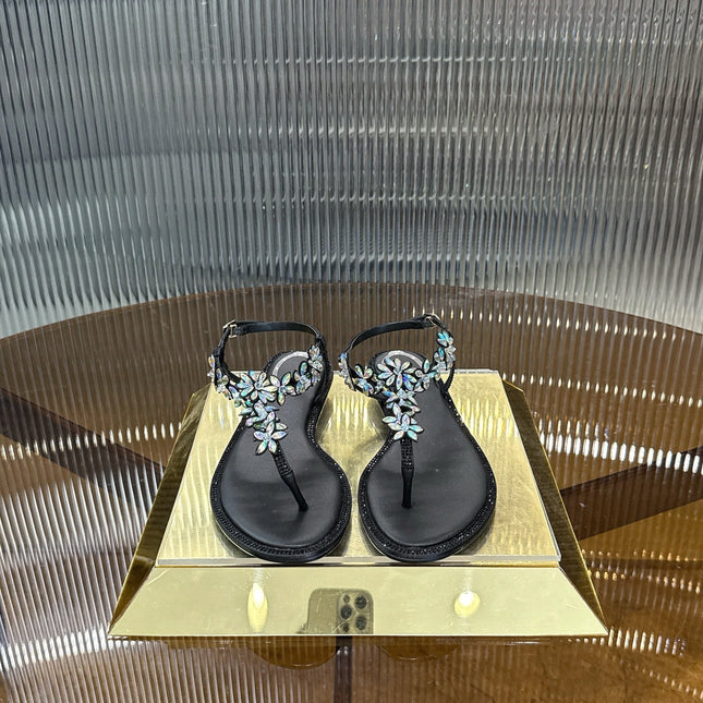 RENE CAOVILLA 26S EMBELLISHED THONG SANDALS IN BLACK LAMBSKIN
