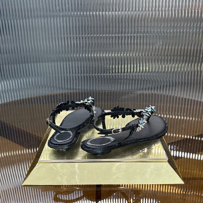 RENE CAOVILLA 26S EMBELLISHED THONG SANDALS IN BLACK LAMBSKIN