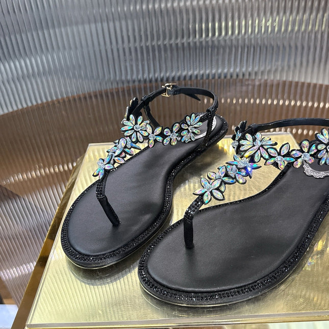 RENE CAOVILLA 26S EMBELLISHED THONG SANDALS IN BLACK LAMBSKIN