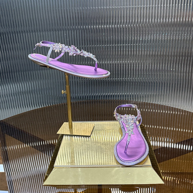 RENE CAOVILLA 26S EMBELLISHED THONG SANDALS IN PURPLE LAMBSKIN