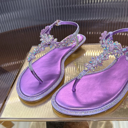 RENE CAOVILLA 26S EMBELLISHED THONG SANDALS IN PURPLE LAMBSKIN