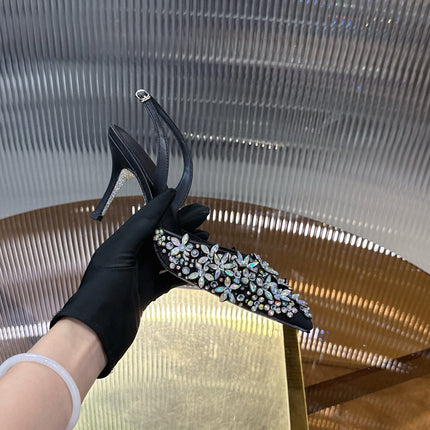 RENE CAOVILLA 26S HIGH-HEEL SLINGBACKS 75 MM IN BLACK LAMBSKIN CRYSTAL EMBELLISHED