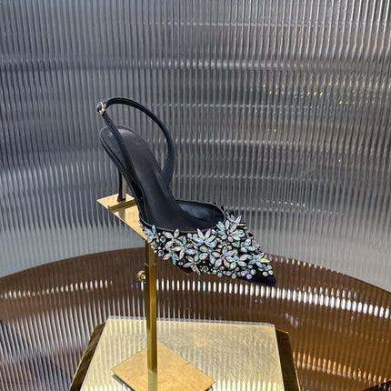 RENE CAOVILLA 26S HIGH-HEEL SLINGBACKS 75 MM IN BLACK LAMBSKIN CRYSTAL EMBELLISHED