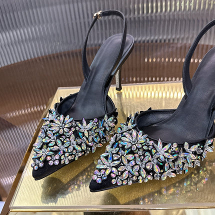 RENE CAOVILLA 26S HIGH-HEEL SLINGBACKS 75 MM IN BLACK LAMBSKIN CRYSTAL EMBELLISHED
