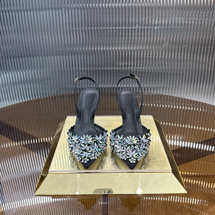 RENE CAOVILLA 26S HIGH-HEEL SLINGBACKS 75 MM IN BLACK LAMBSKIN CRYSTAL EMBELLISHED