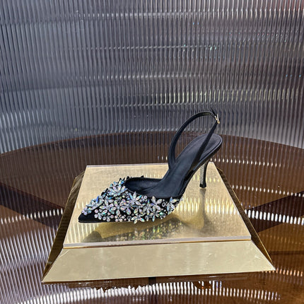 RENE CAOVILLA 26S HIGH-HEEL SLINGBACKS 75 MM IN BLACK LAMBSKIN CRYSTAL EMBELLISHED