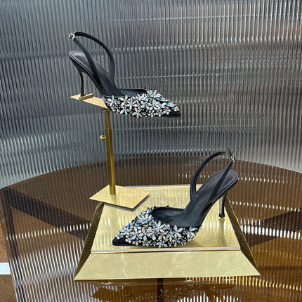 RENE CAOVILLA 26S HIGH-HEEL SLINGBACKS 75 MM IN BLACK LAMBSKIN CRYSTAL EMBELLISHED