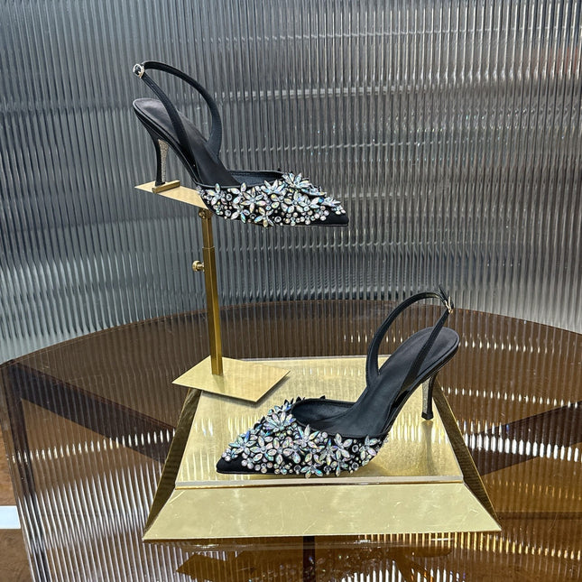 RENE CAOVILLA 26S HIGH-HEEL SLINGBACKS 75 MM IN BLACK LAMBSKIN CRYSTAL EMBELLISHED