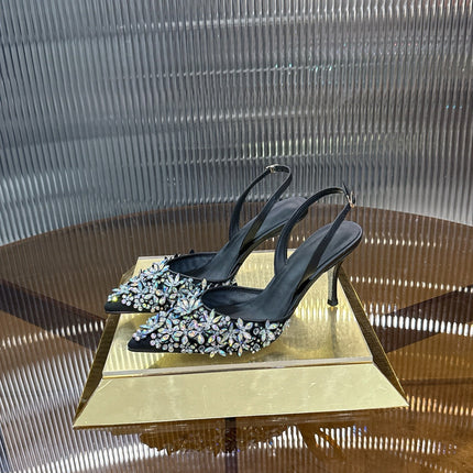 RENE CAOVILLA 26S HIGH-HEEL SLINGBACKS 75 MM IN BLACK LAMBSKIN CRYSTAL EMBELLISHED