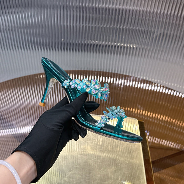 RENE CAOVILLA 26S HEEL SANDALS 75 MM IN OCEAN BLUE LAMBSKIN WITH CRYSTAL