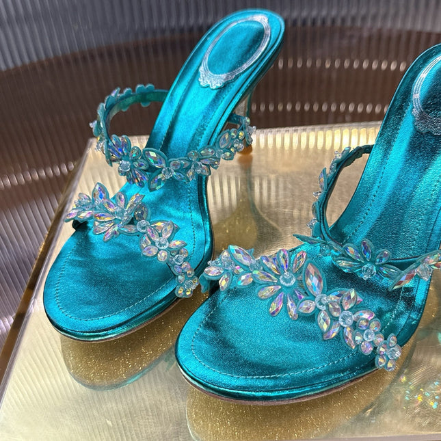 RENE CAOVILLA 26S HEEL SANDALS 75 MM IN OCEAN BLUE LAMBSKIN WITH CRYSTAL