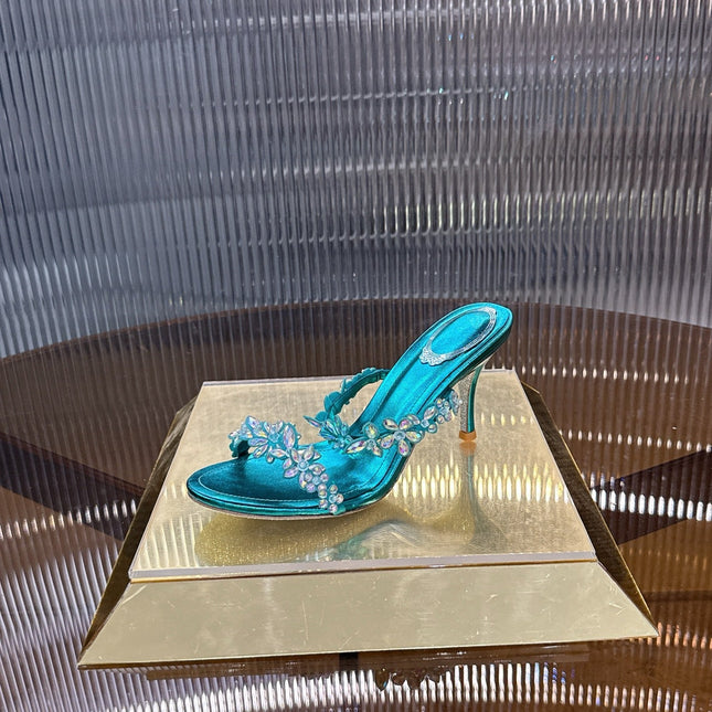 RENE CAOVILLA 26S HEEL SANDALS 75 MM IN OCEAN BLUE LAMBSKIN WITH CRYSTAL