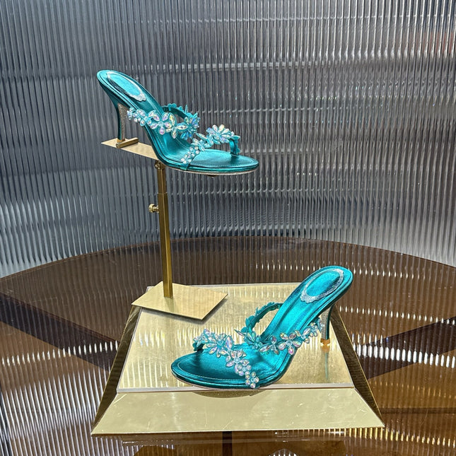 RENE CAOVILLA 26S HEEL SANDALS 75 MM IN OCEAN BLUE LAMBSKIN WITH CRYSTAL
