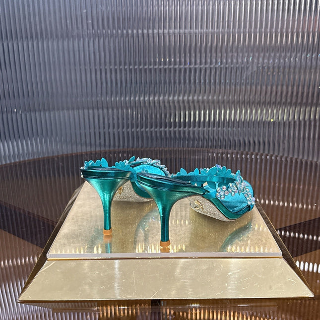 RENE CAOVILLA 26S HEEL SANDALS 75 MM IN OCEAN BLUE LAMBSKIN WITH CRYSTAL