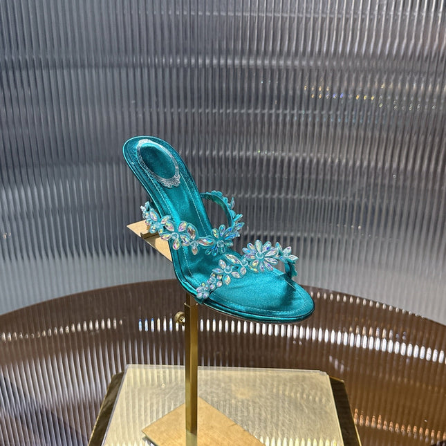 RENE CAOVILLA 26S HEEL SANDALS 75 MM IN OCEAN BLUE LAMBSKIN WITH CRYSTAL