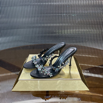 RENE CAOVILLA 26S HEEL SANDALS 75 MM IN BLACK LAMBSKIN WITH CRYSTAL