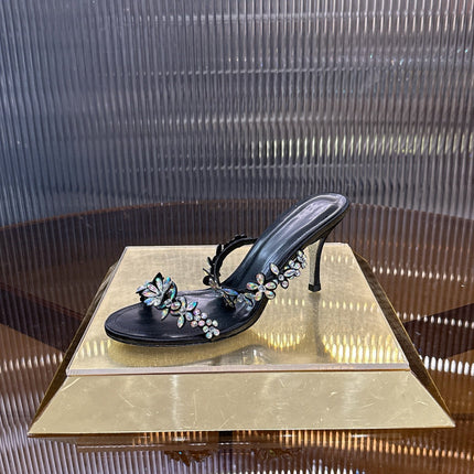 RENE CAOVILLA 26S HEEL SANDALS 75 MM IN BLACK LAMBSKIN WITH CRYSTAL