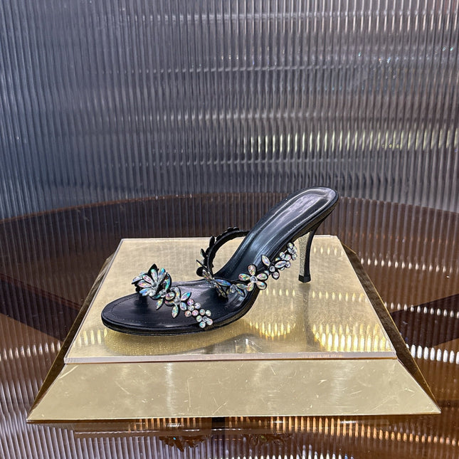 RENE CAOVILLA 26S HEEL SANDALS 75 MM IN BLACK LAMBSKIN WITH CRYSTAL