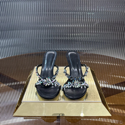 RENE CAOVILLA 26S HEEL SANDALS 75 MM IN BLACK LAMBSKIN WITH CRYSTAL