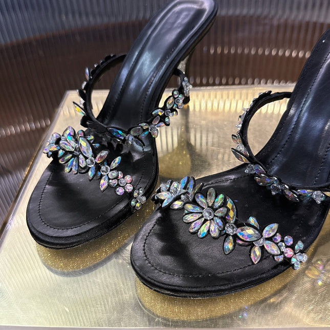 RENE CAOVILLA 26S HEEL SANDALS 75 MM IN BLACK LAMBSKIN WITH CRYSTAL