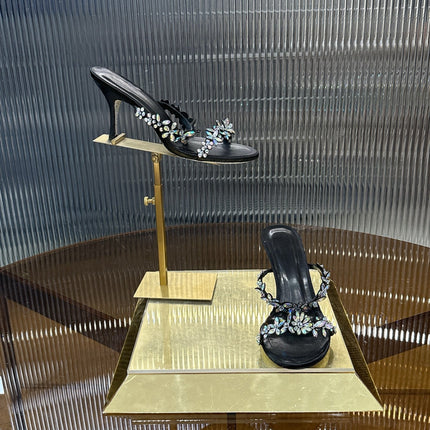 RENE CAOVILLA 26S HEEL SANDALS 75 MM IN BLACK LAMBSKIN WITH CRYSTAL