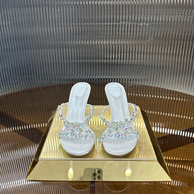 RENE CAOVILLA 26S HEEL SANDALS 75 MM IN WHITE LAMBSKIN WITH CRYSTAL