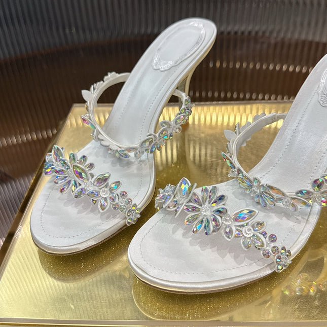 RENE CAOVILLA 26S HEEL SANDALS 75 MM IN WHITE LAMBSKIN WITH CRYSTAL