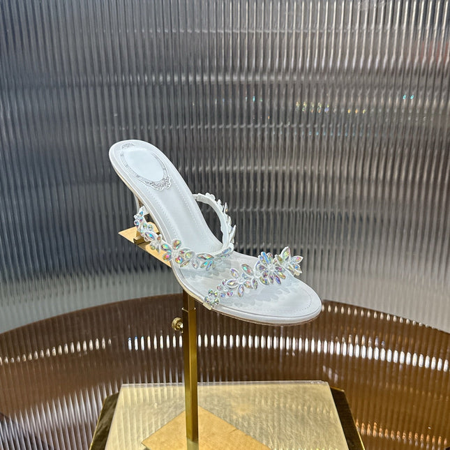RENE CAOVILLA 26S HEEL SANDALS 75 MM IN WHITE LAMBSKIN WITH CRYSTAL