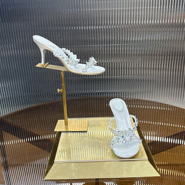 RENE CAOVILLA 26S HEEL SANDALS 75 MM IN WHITE LAMBSKIN WITH CRYSTAL
