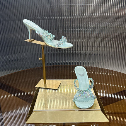 RENE CAOVILLA 26S HEEL SANDALS 75 MM IN ICE BLUE LAMBSKIN WITH CRYSTAL