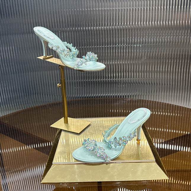 RENE CAOVILLA 26S HEEL SANDALS 75 MM IN ICE BLUE LAMBSKIN WITH CRYSTAL