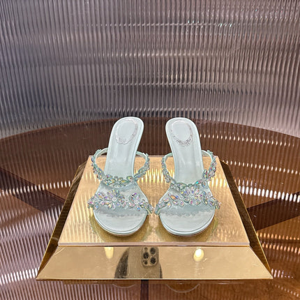 RENE CAOVILLA 26S HEEL SANDALS 75 MM IN ICE BLUE LAMBSKIN WITH CRYSTAL